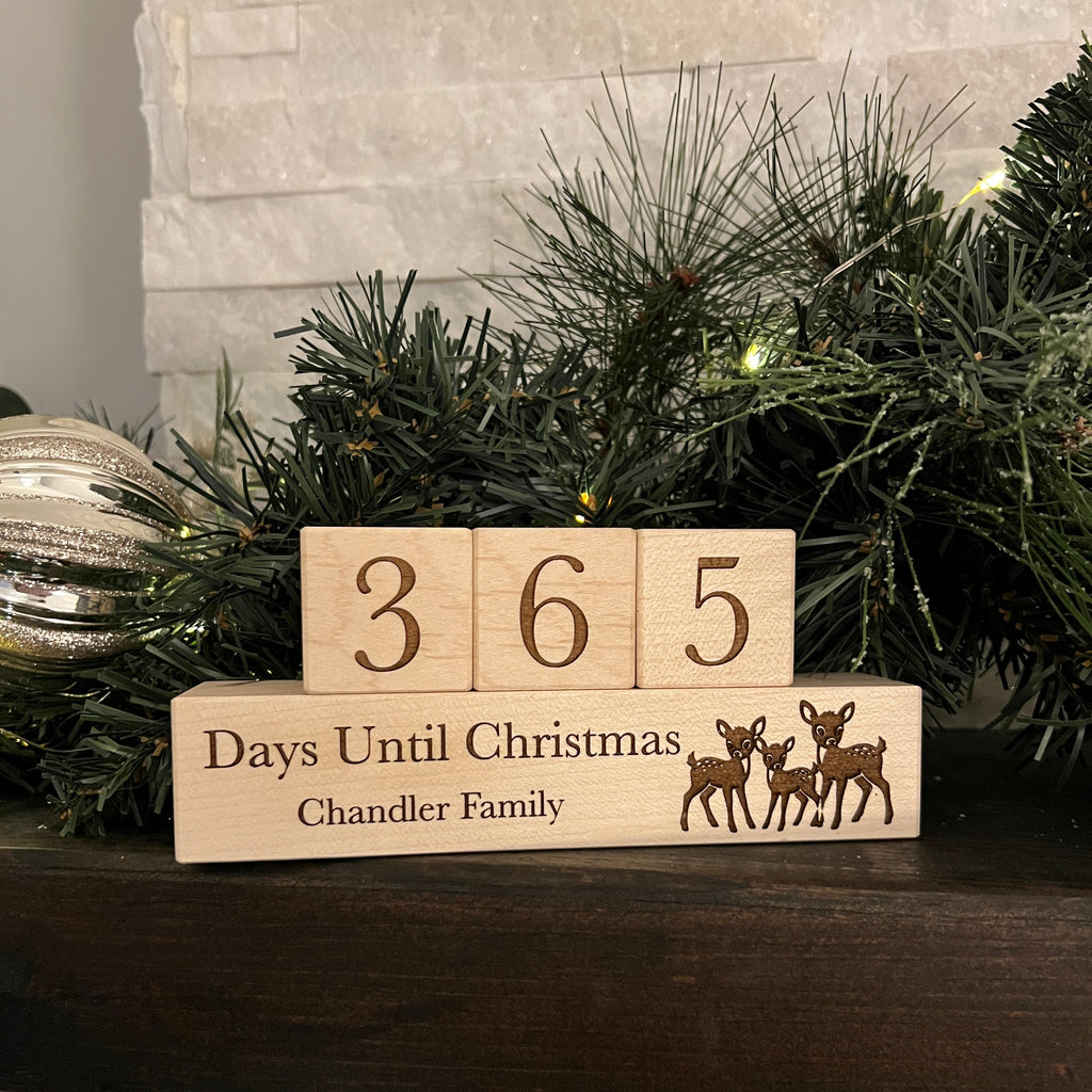 Wooden blocks with '365 Days Until Christmas' and family name on a Christmas tree.