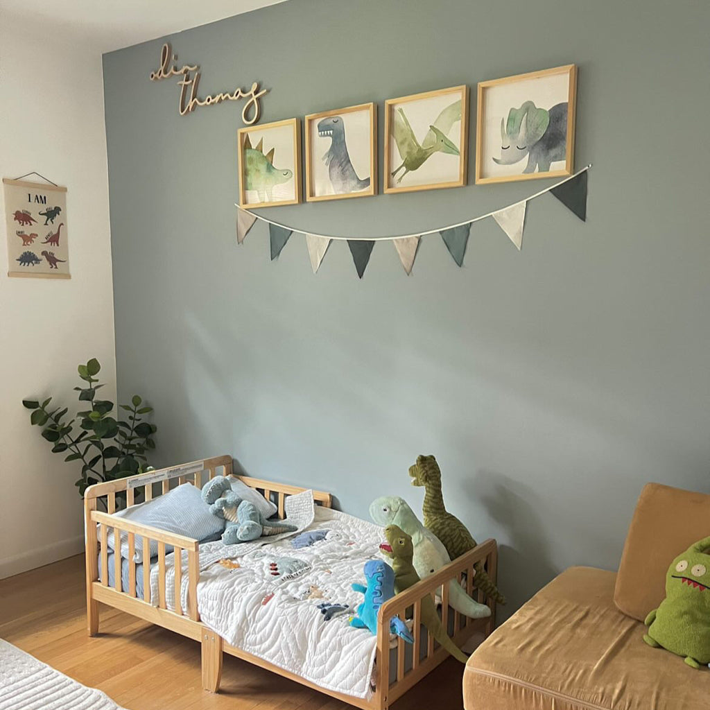 boy bedroom design with name sign and dinosaurs