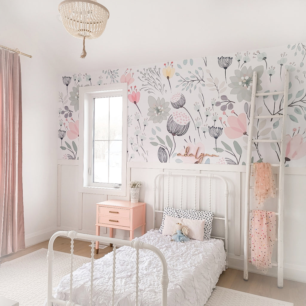 girl bedroom with floral wallpaper