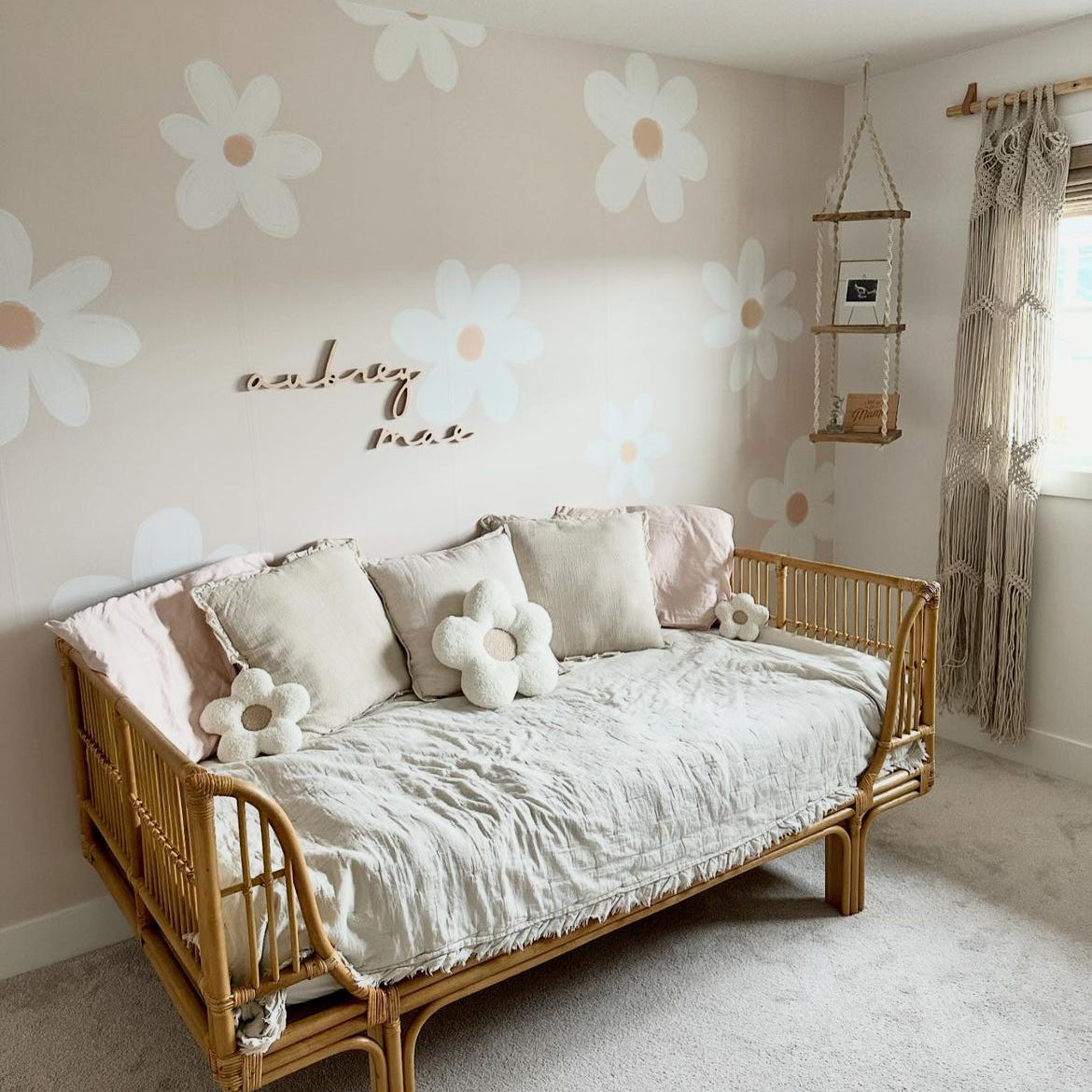 big girl space with wallpaper and name sign