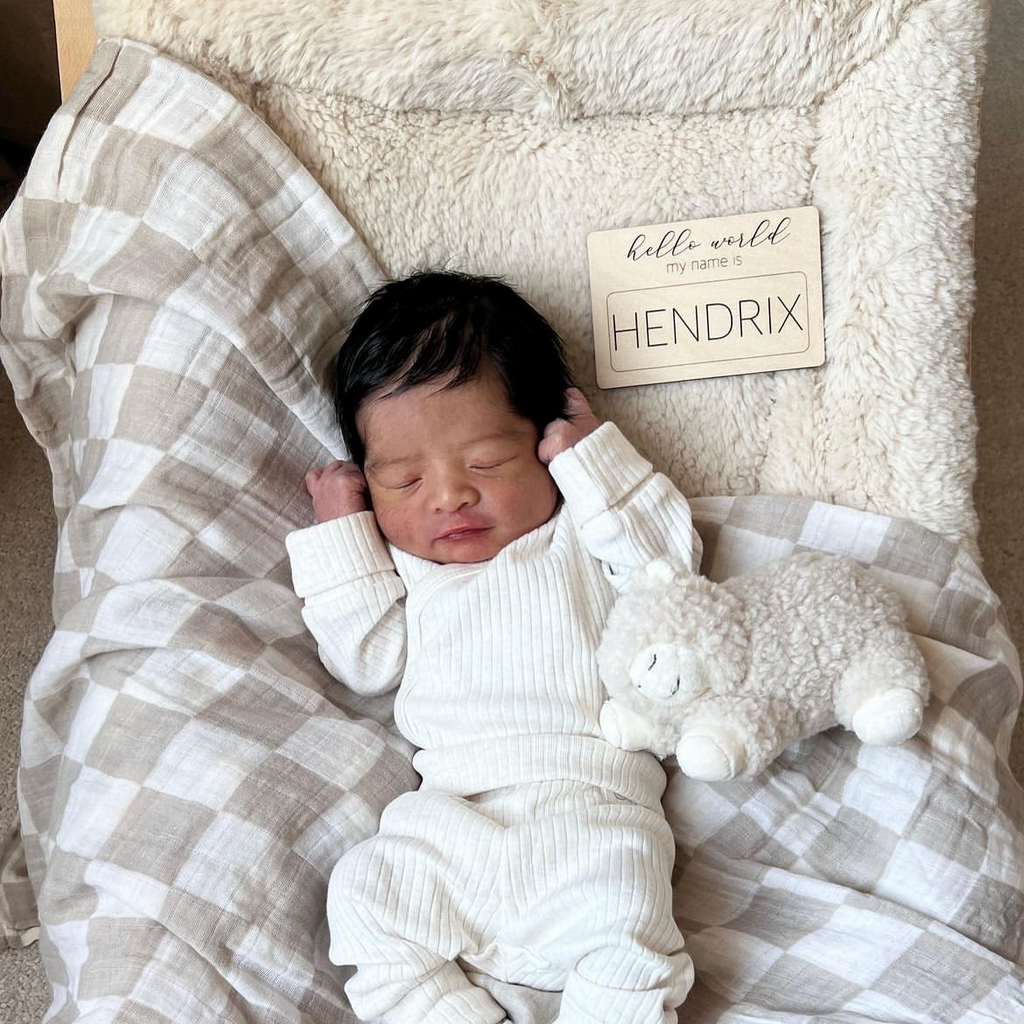 name announcement with baby boy name plaque