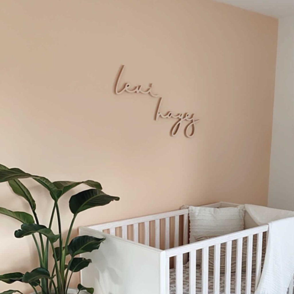 boy nursery with plants and wooden name sign