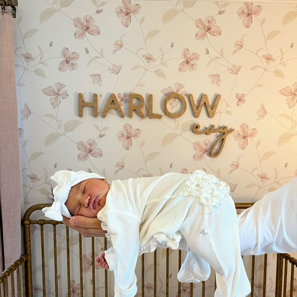 newborn nursery for girl with wooden name sign 