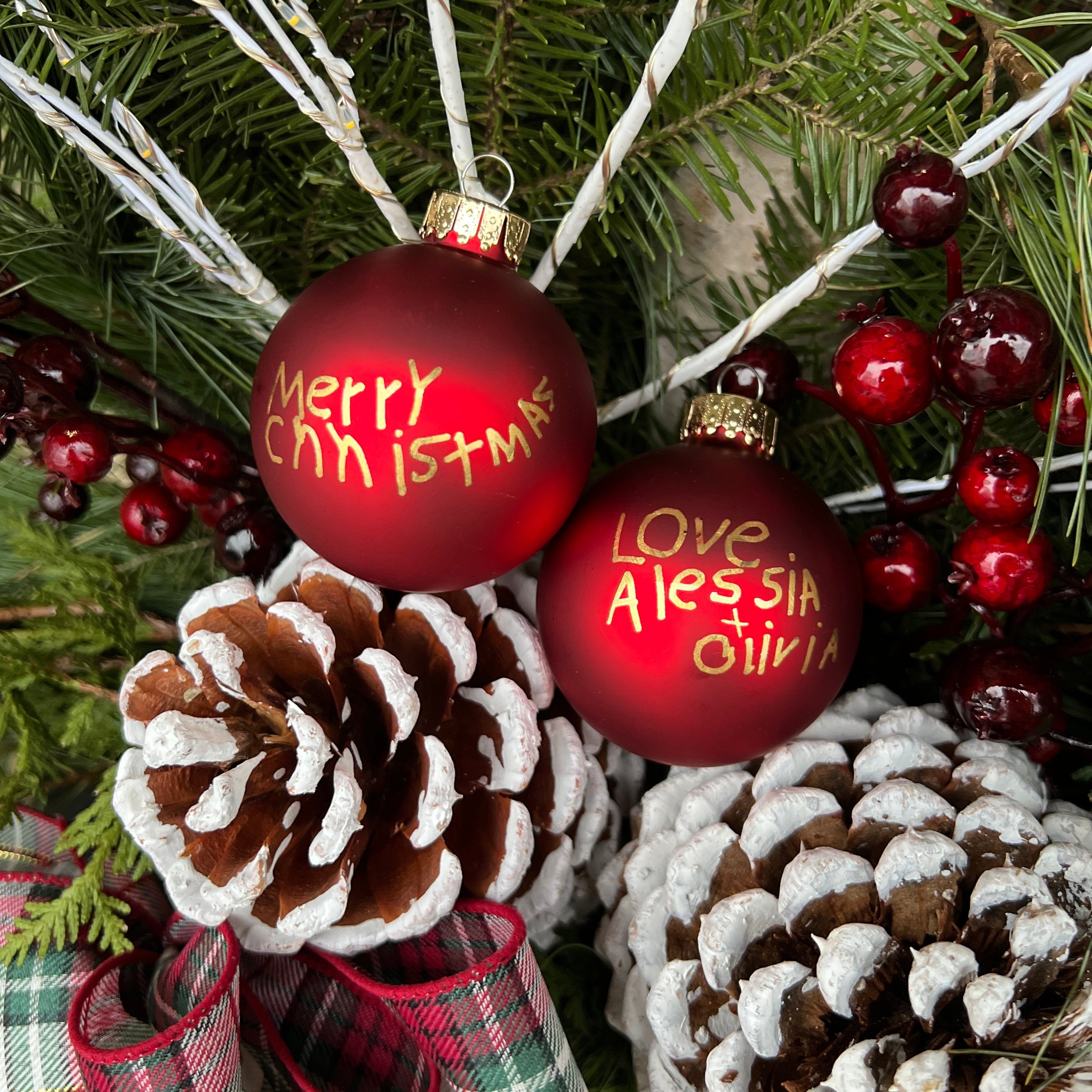 Decorative Christmas ornaments with pine cones and red berries on a green branch.