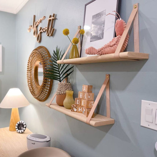 wooden strap shelves in nursery with decor